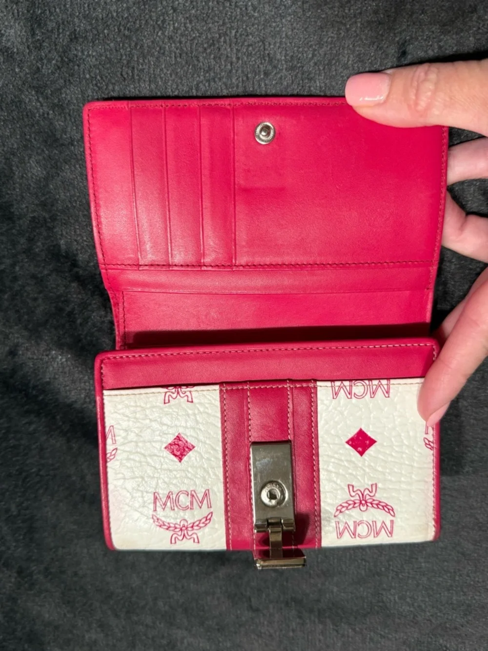 MCM White and Pink Logo Printed Wallet with Gold Hardware